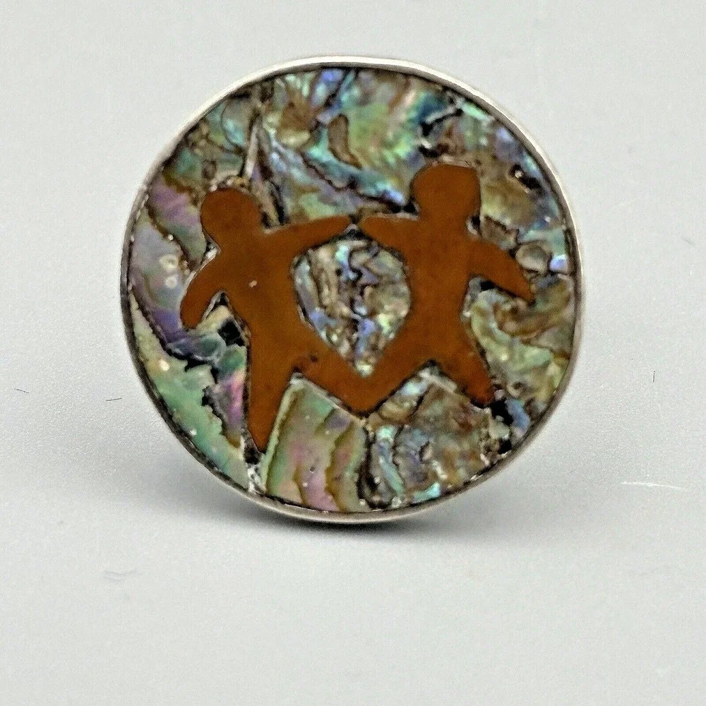 Vintage Sterling Silver Cufflinks Artisan Abalone Copper Figural Copper Taxco